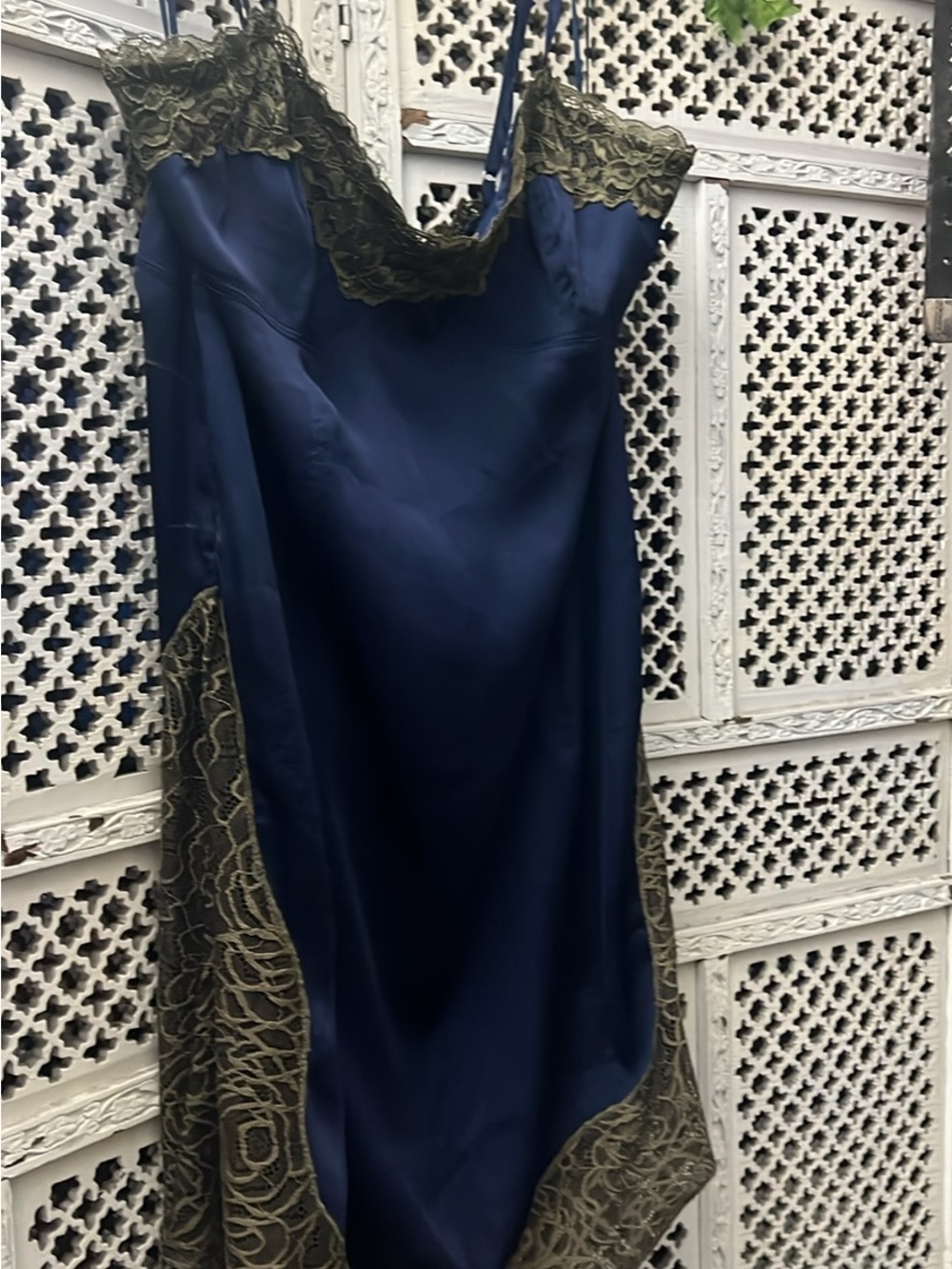 Free People Navy Satin Slip with Olive Lace